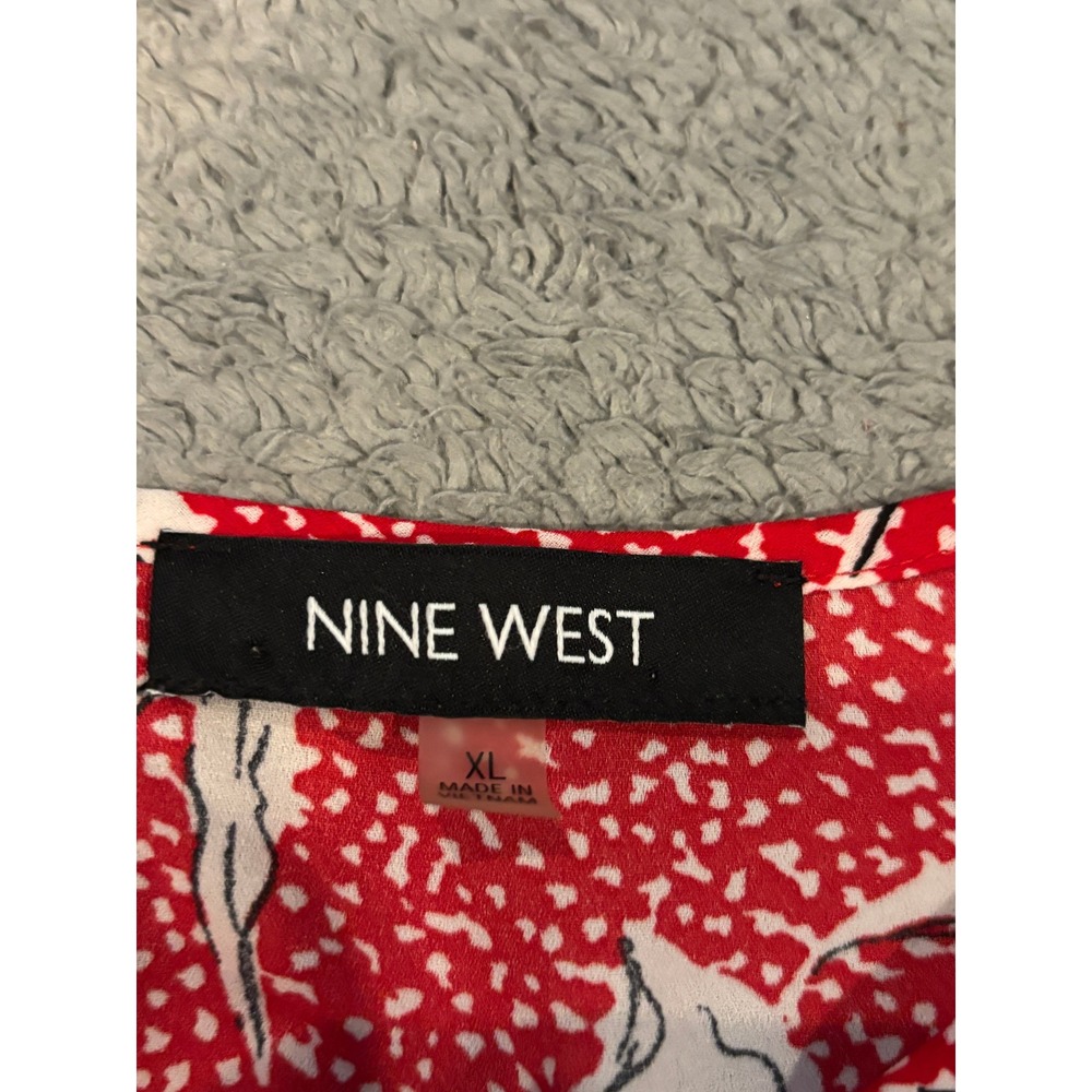 Nine West Red Floral Polka Dot Tie Sleeve Blouse XL Boat Neck Lily Print Top - Picture 2 of 7